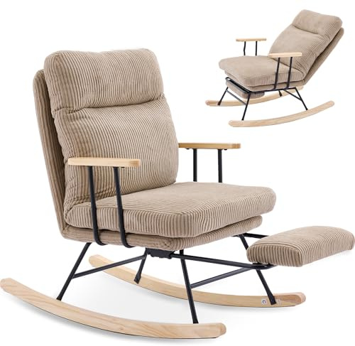 SEEDWAVE Schaukelstuhl aus Cord mit Verstellbarer Rückenlehne (bis 180°) und Fußstütze, Massiveholz-Armlehnen, Lesesessel Schaukelsessel für Schlafzimmer, Wohnzimmer, Tragfähigkeit 136 kg