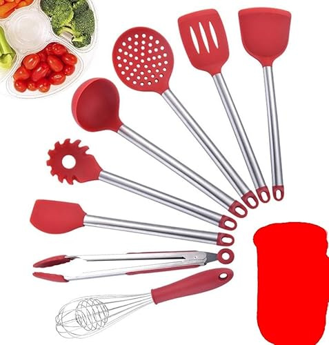 OIFAODAO, Ensemble d'ustensiles de Cuisine 8 pièces, Ensemble en Silicone, antiadhésifs, ustensiles avec poignée Acier Inoxydable sans BPA, Gadgets, Ensembles Rouges,Cuillère de Cuisine
