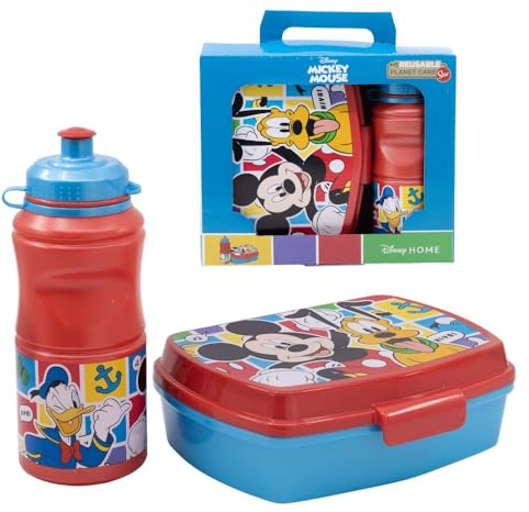 CARTOON Set Pranzo per Bambini Topolino Disney Lunch Box e Borraccia Antigoccia 2 pezzi in plastica riutilizzabile BPA free