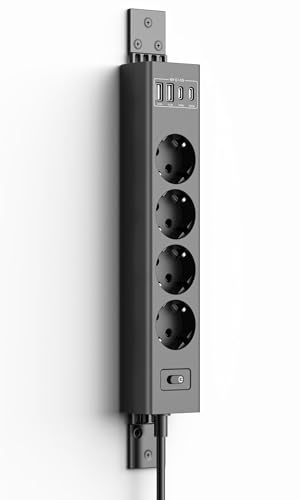 Inhwatek Steckdosenleiste Wandmontage, 360° Montierbar Mehrfachsteckdose mit Überspannungsschutz, 2USB-C (PD20W)+2USB-A(QC3.0 18W), 4 Fach Steckdosenleiste 2M für Wand, Ecke und Untertisch
