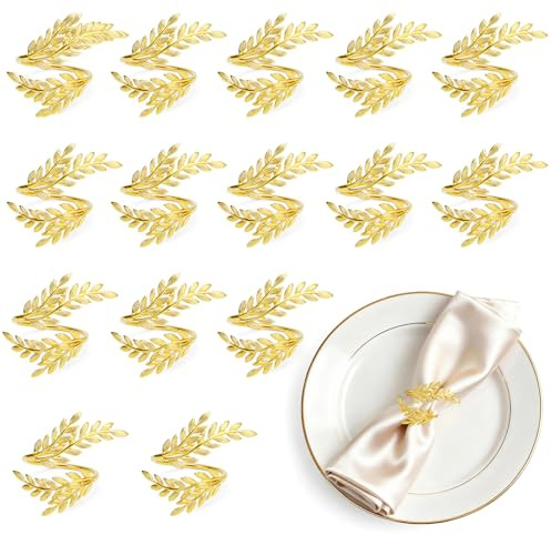 15 Stück Serviettenringe, Metall Servietten Ringe, Weizen Blattförmige Napkin Rings, Gold Serviettenschnallen für Feste, Hochzeiten, Familienfeiern, Abendessen bei Kerzenschein usw