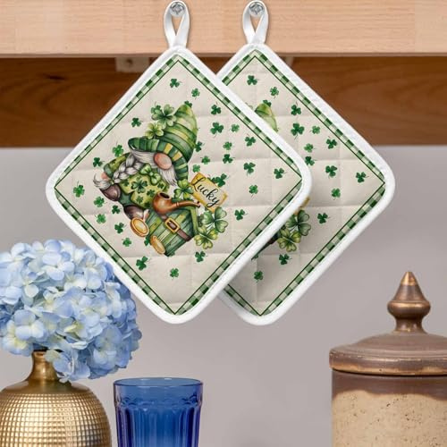 Pot Holders Set of 2, St.Patrick Green Leaves and Cute Dwarf Potholder for Kitchen Heat-Proof Hot Pads, Watercolor Clovers Grid on Flax Hot Mats Potholders for Cooking Baking BBQ