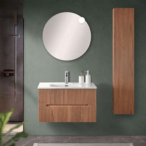 Inbagno Mobile Bagno Sospeso 80 Cm Noce Canaletto Cannettato Con Lavabo E Specchio Tondo – Mobile Bagno Design Moderno Linea Bali