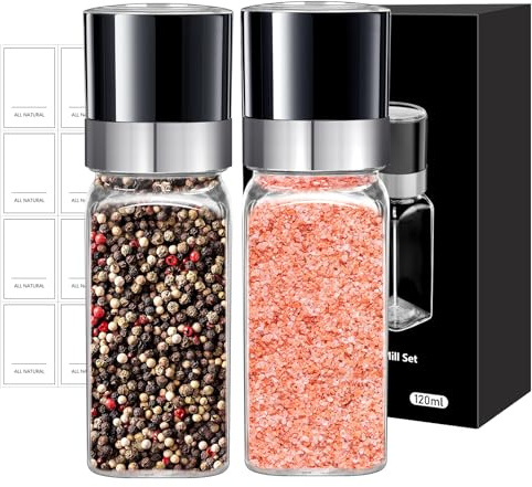 2PCS Salt and Pepper Grinder Set,120ML Manual Mill Grinders for Kitchen, Glass & Stainless Steel Spice Mill, Ceramic Grinder Spice Mills with Adjustable Coarseness, Fill Spice Grinder Set for BBQ