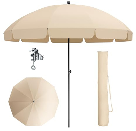 PHI VILLA 1.75x2.1m Sun Umbrella with Cover & Clamp, Portable Tilting Garden Parasol, Height Adjustable Patio Umbrella, Round Sun Shade UV50+ Protection for Balcony/Beach,Beige