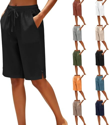Women’s Linen Bermuda Shorts, Knee Length High Waisted Casual Long Shorts w