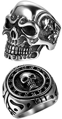 OIDEA 2 Stück Edelstahl Ring für Männer Jungen Skull Biker Ringe, Silber schwarz Retro Charm Punk Rock Schädel Herrenring Edelstahlring Bandring Ringgrößen 67 (21.3)