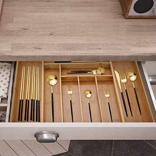 Expandable Bamboo Cutlery Tray, 8 Compartment Drawer Organiser | Natural Wood, Space-Saving Adjustable Design, 54.2cm Wide, Utensil Holder, Kitchen Storage, Heavy-Duty, Flatware Sorter