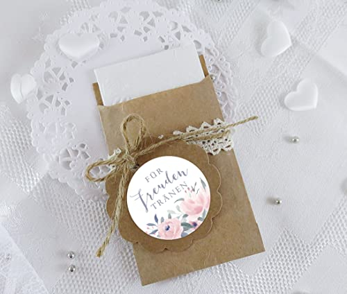 Freuden Tränen 24 Sticker BLÜTEN ROSEN PASTELL ROSA GRAU BLAU + 24 braune Flachbeutel 63 x 93 mm für Freudentränen Taschentuch Verpackungen • Aufkleber rund 4cm matt
