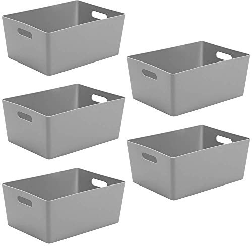 Wham Studio 5 x 11.5L Rectangular Plastic Storage Baskets | Ideal for Kitchens, Bathrooms, Stationery & More | Easy Access Integrated Handles | Made in the UK - Cool Grey