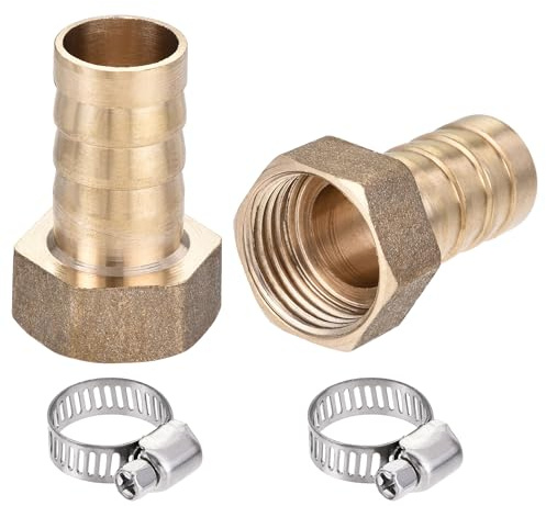 sourcing map Brass Barb Hose Fitting Connector Adapter 16mm Barbed x 1/2PT Female Pipe with 13-19mm Hose Clamp 2Set