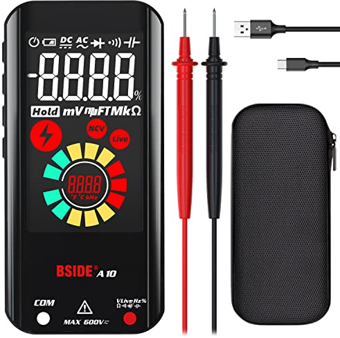 BSIDE Wiederaufladbares Digital-Multimeter, Farb-LCD-Display, 3 Ergebnisse, 999 Zählungen, automatische Reichweite, Taschen-Voltmeter, Kapazität, Diodenwiderstand, Hz, Live-Check, Spannungsprüfer