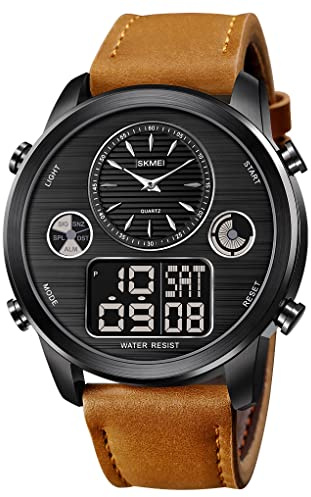SKMEI World Time Digital Watches Sport Watch Fashion Mens Waterproof Leather Chronograph LED Wristwatch, Black Light-Brown,
