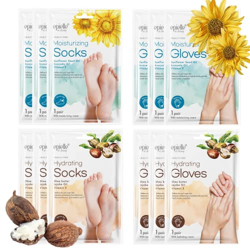 Epielle Hydrating & Moisturizing Hand & Foot Masks, Relieve and Soften Dry, Rough Skin, Self Care Gifts for Women, Spa Kit, Stocking Stuffers, 6 Moisturizing Gloves & 6 Moisturizing Socks