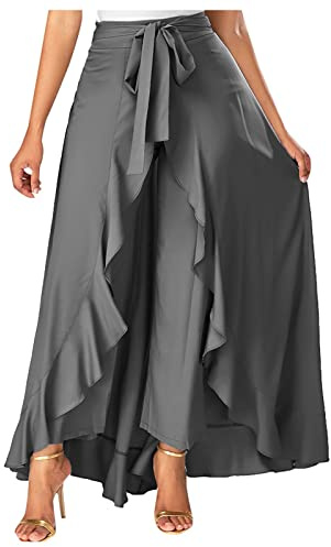 Azruma Hose Damen Elegant Unregelmäßig Rüschen High Waist Einfarbig Hosenrocks mit Gürtel Sommer Weite Beine Schlaghose Palazzo Marlenehose mit Volant Pants Sommerhose