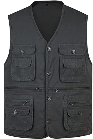 Oralidera Anglerweste Arbeitsweste Herren Sommer Outdoorweste mit Taschen Funktionsweste Ärmellos Wanderweste Jagdwesten mit Druckknopf, Dunkelgrün, L