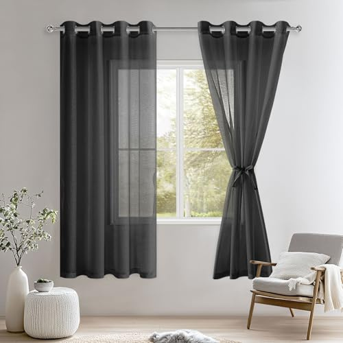 DWCN Gardinen Sheer Voile Vorhänge mit Ösen Transparente Ösenvorhang | Schwarz, 175x140cm(HxB), Vorhang mit Vorhang-Krawatten Schienensystem Vorhänge für Wohnzimmer, Schlafzimmer, 2 Stücke