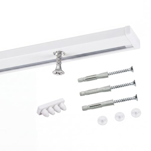 Deco-Raum Gardinenschiene auf Maß Aluminium 1-läufig vorgebohrt Vorhangschiene Deckenbefestigung für Schiebevorhang Vorhang Gardinen mit Befestigungsmaterial weiss 430 cm geteilt Minimal