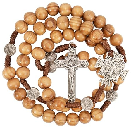 Nazareth Store Rosario in legno massiccio con perline di San Benedetto, coroncina da preghiera con croce e San e crocifisso in argento