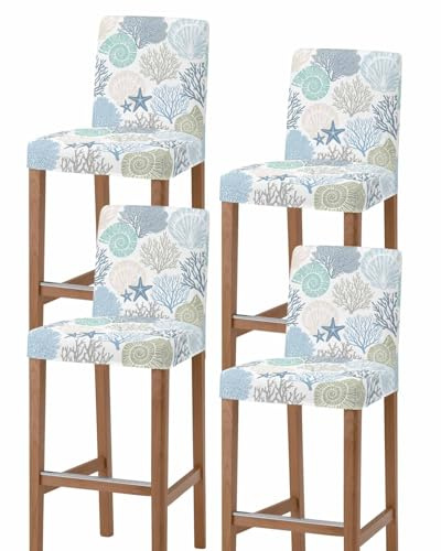 Coastal Bar Stool Covers, Summer Beach Blue Teal Coral Stretch Dining Chair Covers Set of 4, Nautical Starfish Bar Chair Covers Removable Counter Stool Pub Chair Slipcovers Protectors for Kitchen/Cafe