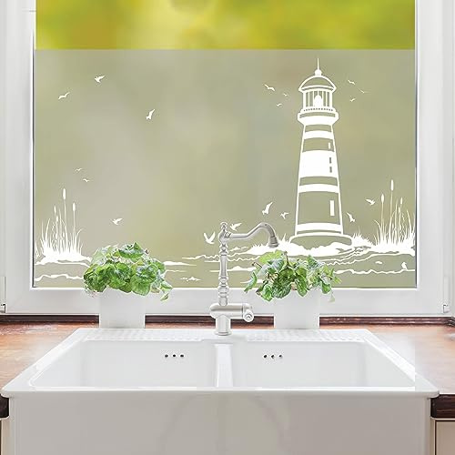 Sichtschutzfolie Leuchtturm Maritime Fensterfolie Fensterdeko Milchglasfolie, 55 cm hoch, 75 cm breit