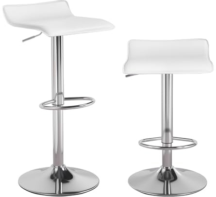 Panana Lot de 2 Tabourets de Bar, Chaises Haut, Hauteur Réglable, Revêtement en PU, Rotatif sur 360°, avec Dossier et Repose-Pieds, Pied Chromé, 39 cm (L) x 40 cm (l) x 67-87 cm (H) (Blanc)