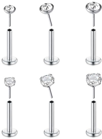 WillTen 6PCS Threadless Lip Piercing Silber, 20G Labret Piercing Chirurgenstahl mit Cubic Zirkonia/Kristall, Tragus Piercing Schmuck Kit für Frauen Mädchen