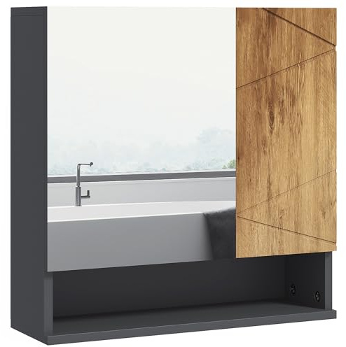 kleankin Armoire Murale Miroir Salle de Bain 55x17x55cm Naturel Gris Foncé | Placard de Rangement, 2 Portes, Étagères Réglables, Design Contemporain