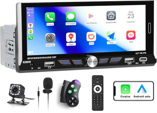 CAMECHO Autoradio mit Bildschirm 1 Din Wireless CarPlay Android Auto, 1 Din 6,9 Zoll Touchscreen Display mit Bluetooth Freisprecheinrichtung USB EQ FM/RDS Mirror Link SWC+MIC+Rückfahrkamera