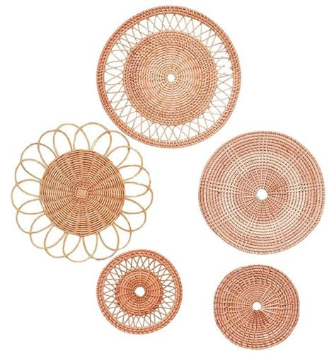 Peosaard Gewebter Wandkorb 5pcs runde böhmische Makrame Wandhänge Rattan Wanddekoration 8 Zoll/12 -Zoll -Wandkorb Dekor für Wohnzimmer Schlafzimmer