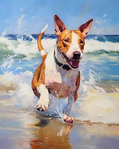 ZMHZMY Malen nach Zahlen Kit für Erwachsene, Bullterrier-Hund läuft am Strand,Poster Kunst Moderne Leinwand Ölgemälde Home Decor,40x50cm