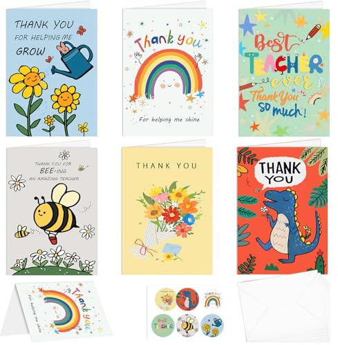 AhfuLife 6Pcs Cartes de Remerciement pour Enseignant, Cartes de Vœux pour Enseignants avec 1 Autocollant de Remerciement et 6 Enveloppes Blanc en Papier Kraft Cadeau d'adieu(Style 1)