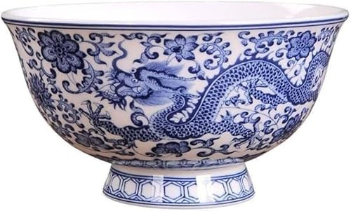 RUTHYEARS Chinese Style Ceramic Bowl, Blue White Porcelain Dragon Pattern Household Bone China (6in)