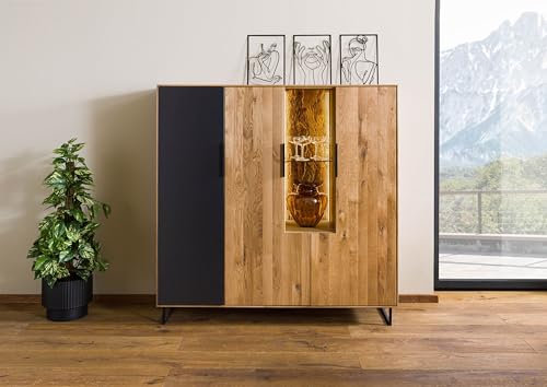 MASSIVMOEBEL24.DE Highboard Wildeiche 142x43x145 Natur geölt Lindau - Verschiedene Ausführungen, Farbe:Natur geölt, Größe:142x43x145 cm (BxTxH), Ausführung:Glastür