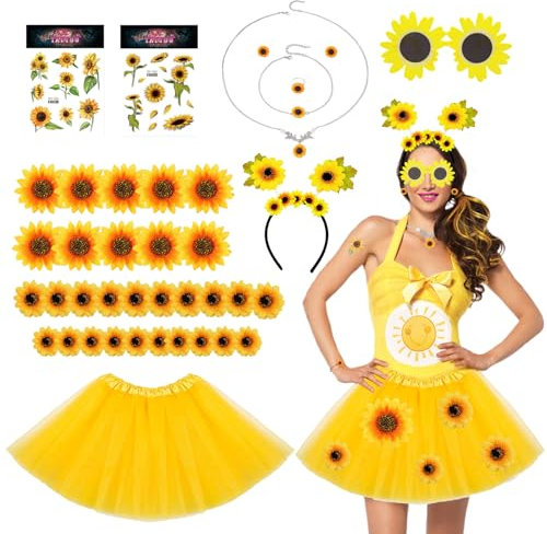 Shinybox Damen Sonnenblumen Kostüm, 39 Stück Tutu Rock Gelb Tüllrock, Sonnenblumen Haarschmuck Halskette Earrings Ring Armbänder Tattoos Sonnenbrille, 30 Blütenköpfe für Karneval Copslay Party