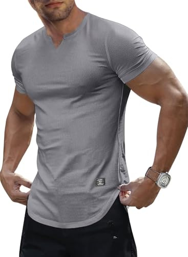 Meilicloth Herren Sportshirt V-Ausschnitt Herren Muskelshirt Kurzarm Basic Männer Oberteil Slim Fit T-Shirt Grau XL