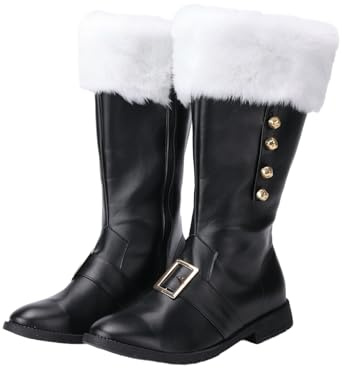 Christmas Santa Claus Boots, Men's Halloween Costume Black Boots Wide Calf with White Fur Shoes