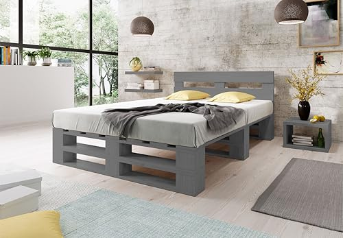 Lermowood Palettenbett M2 aus Holz 200 x 200 cm Grau mit Kopfteil Holzbett 30cm Stabiles Seniorenbett Kinderbett Jugendbett Gästebett erhöhtes Einzelbett Bettgestell Futonbett Komforthöhe Naturholz