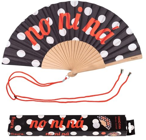 Fisura – Ventaglio in legno a pois con messaggio “no ni ná”. Accessorio elegante e vivace, ventaglio a mano bianco e nero con pratico gancio. Dimensioni: 42,5 x 23 cm