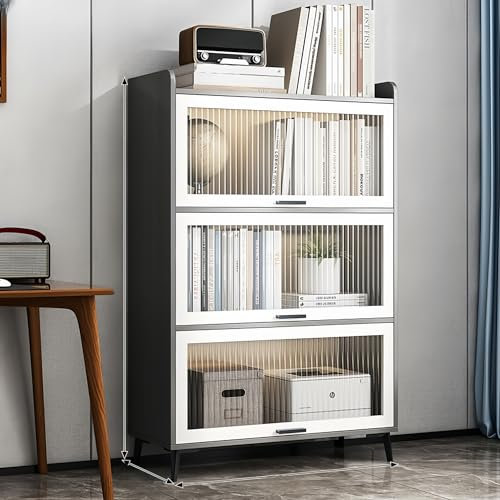 Modernes Bücherregal mit erhöhten Metallbeinen, visuellen Klapptüren aus Acryl und mehreren hohen Regalen, Eckvitrine für verschiedene Bücher (70,1 x 130 cm)