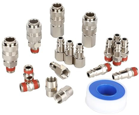 EADUTY Professional Air Compressor Quick Connect Fittings Set, Metal Pneumatic Couplers with Thread Tape, 19-Piece