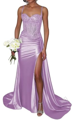 Vestidos de dama de honor de satén para mujer, con abertura, vestido de princesa sirena, espalda descubierta, talla grande, Lila, 52 Grande