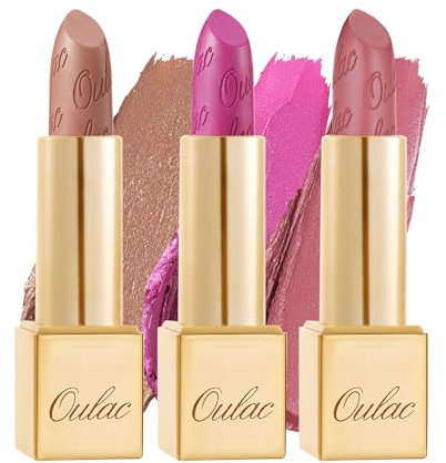 OULAC Lipstick Set, Lippenstift Set Metallic Glanz Finish, Glitzer Lippenstifte mit Lang Anhaltendem 3D-Glanz, Intensive Farbe, Cremige und Feuchthaltende Formel, Vegan, 4.3g 3PCS