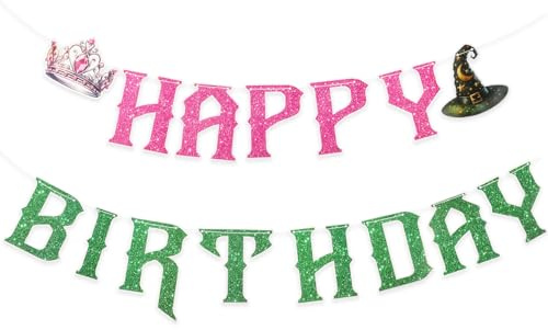 Witch Happy Birthday Banner, Pink Green Birthday Banner Witch Princess Party Decoration Crown Magic Hat Garland for Wicked Themed Halloween Birthdays Party Supplies