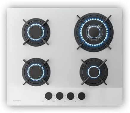 Klarstein Velaire Plaque Gaz 60 cm – 4 Brûleurs 8000W, Verre Trempé, Allumage Électrique, Sécurité Anti-Flamme, Compatible GPL & Gaz Naturel, Kit Tuyau Inclus, Blanc