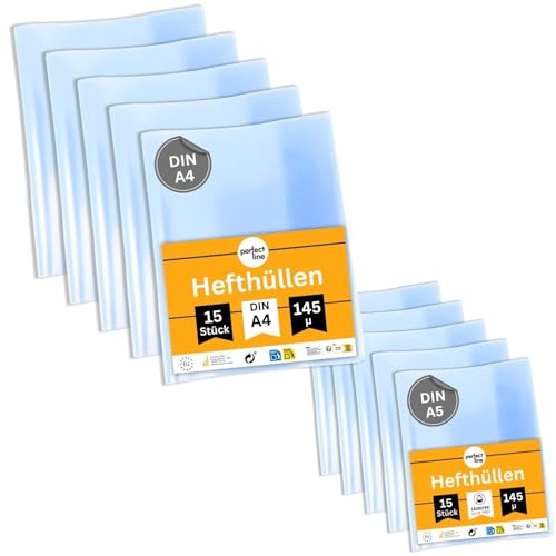perfect line 30 häftapparater DIN A4 & A5 – glasklart och extra starkt, häftkuvert transparent – 15 x häftskydd A4 & A5 – tillverkade av återvinningsbar PP, dokumentsäker (skoluppsättning)