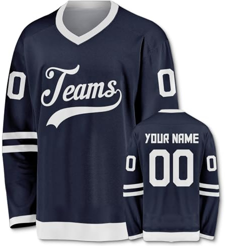 euoeio Personalisiertes Eishockeytrikot in klassischen Farben mit Name und Nummer, sportliches Langarmshirt mit V-Ausschnitt, männliche und weibliche Fans