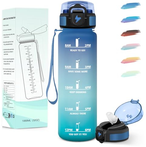 Motswedi Gourde 1l, avec Paille, Gourde Sport, Anti-Fuite, Bouteille, Réutilisable, Bouteille d'eau, avec Marqueur de Temps, pour Fitness, Yoga, Sport, Camping, Gym, Travail, Bleu Vert