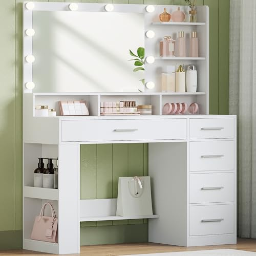 Hzuaneri sminkbord med stor HD-spegel, sminkbord med LED-ljus, 6 öppna fack, 5 lådor och öppen förvaring på sidan, omklädningsrum för sovrum, enkel, vit DT42603XEU