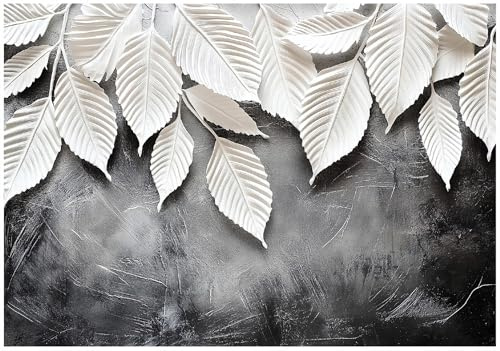 WallArena - Carta da parati fotografica - foglie 300x210 cm - Murale fotografico - Per soggiorno e camera da letto - Effetto 3D - con Colla - Natura botanica bianco grigio
